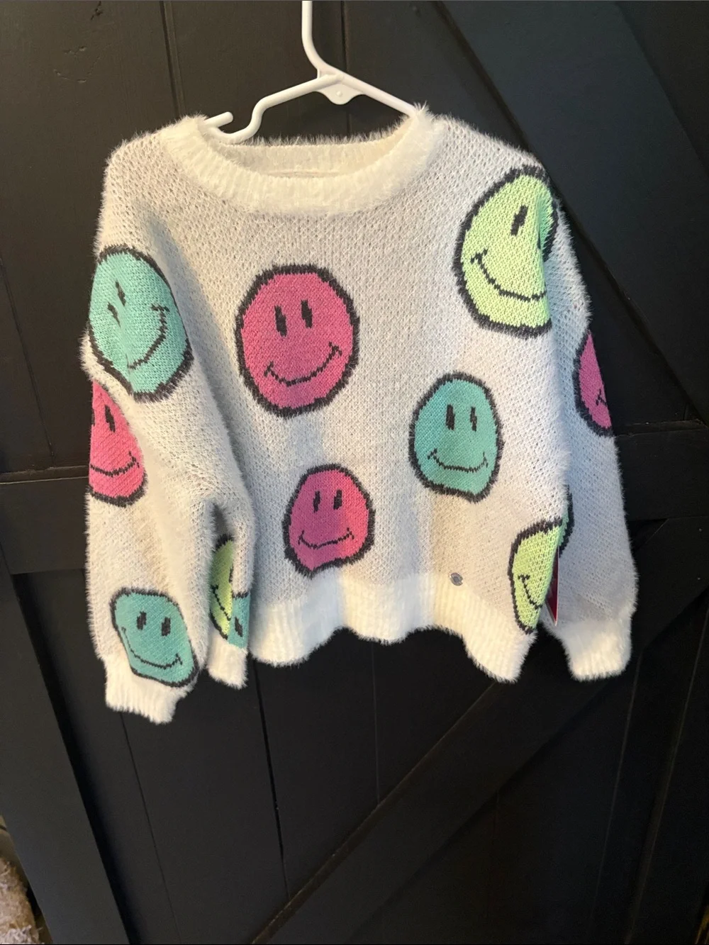 Justice White Fuzzy Sweater with Pink, Mint and Lime Smiley Faces